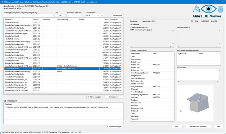 ZDBase Alibre Design Viewer mit Voransicht von 3D-Teilen, Baugruppen, Blechteilen und 2D-Zeichnungen