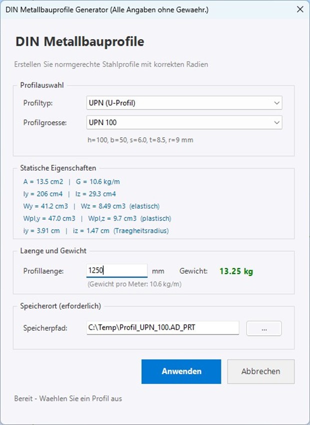 DIN Metallbauprofile inkl. statische Eigenschaften und Gewichtsberechnung