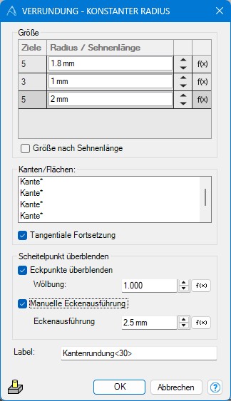 Neue 3D-Verrundungen meherer Radien in Gruppen.